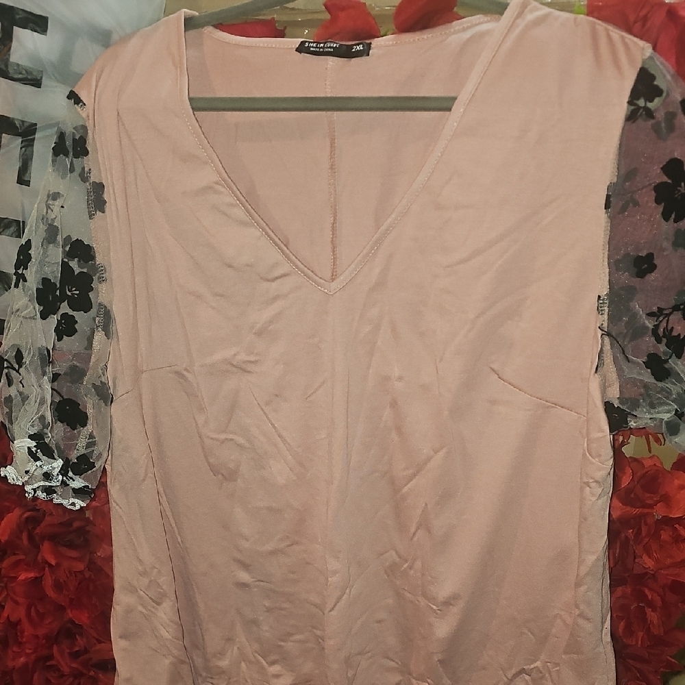 Shein NWT Pink/Coral Blouse with Black Velvet Floral Mesh Sheer Sleeves Size 2XL